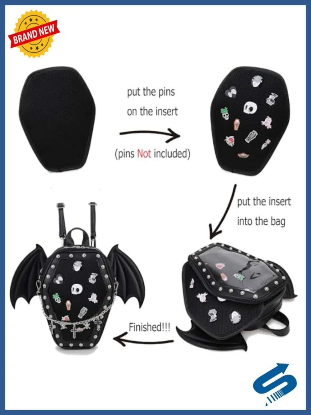 Coffin Backpack with Detachable Bat Wing, Faux Leather, Enamel Pin Display,
